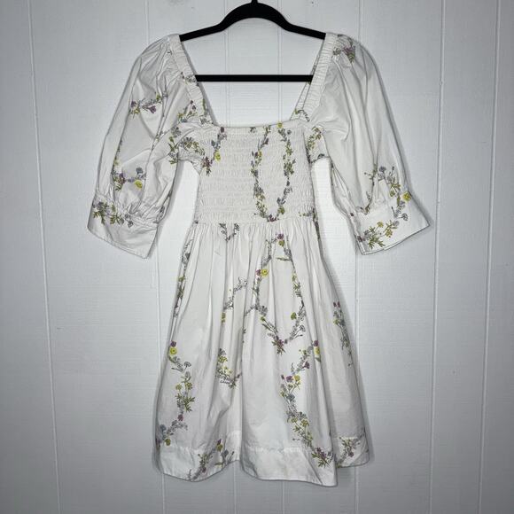 GANNI Women’s Poplin Floral Smocked Puffed-Sleeve Mini Dress White Size 34 XS - Picture 1 of 7